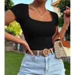 Square Neck 5Colors Solid Slim Tee - Image 2
