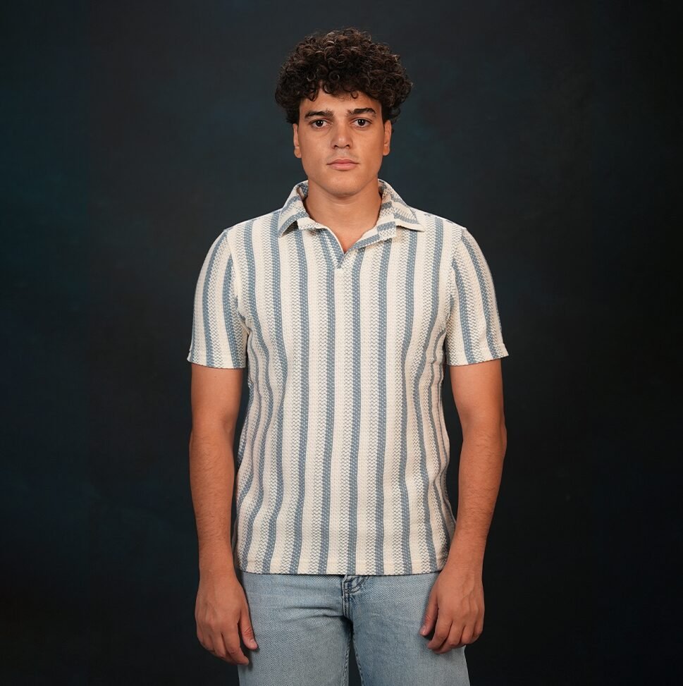 11 Crochet Stripe Textured T-shirt in Blue - Image 1