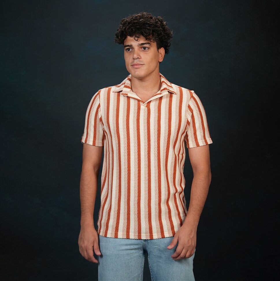 8 Crochet Stripe Textured T-shirt in Red - Image 1