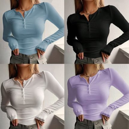 Half Button Ribbed Knit Tee in 8 Colors