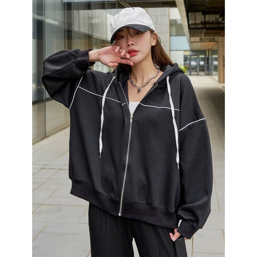 Hooded-Street-Style-Cardigan-In-Black.jpg Hooded Street Style Cardigan In Black - Image 1
