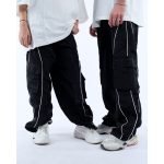 Street Wear Elastic Waist Wide Fit Piping Cargo Black