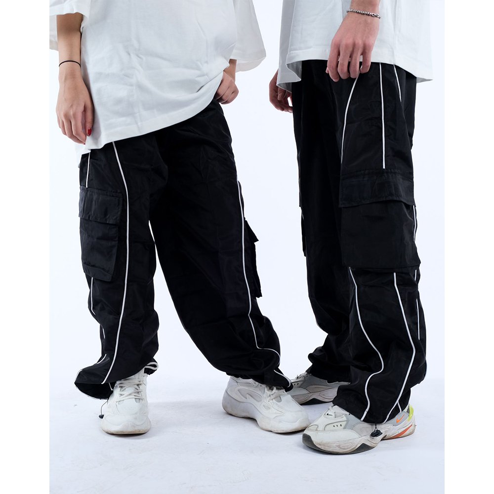 Street-Wear-Elastic-Waist-Wide-Fit-Piping-Cargo.jpg Street Wear Elastic Waist Wide Fit Piping Cargo Black - Image 1